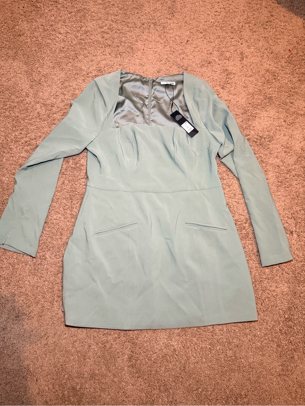 Fashion Nova Long Sleeve Square Neck Mini Dress in Sage